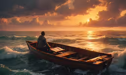 a person is sitting in a row boat on a large body of water,a man is sitting on a small boat in the water