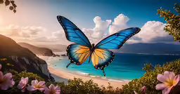 a butterfly with its wings open on a beach