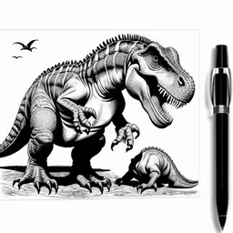 an artistic drawing of an iguara,a dinosaur with a baby in the background and a black pen