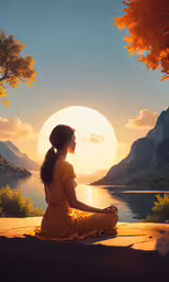 the woman is meditating beside the lake in the fall,a woman is sitting in lotus position in front of the sunset