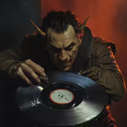 a man with horns holding a record with a pen in it