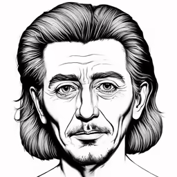 a black and white drawing of a man with long hair