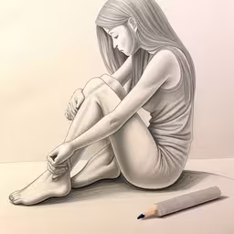 the drawing shows a girl sitting on the floor with her legs crossed,a pencil drawing of a girl sitting on the ground