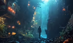 a man standing on a rock covered pathway through an alley