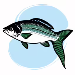 fish on a white background, with black outline and a striped green tail