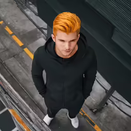 man with orange hair and hoodie on stairs looking down at camera