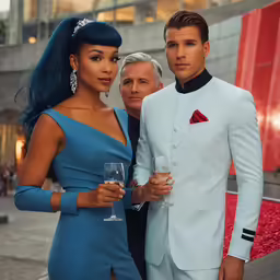 a man and woman posing in formal attire