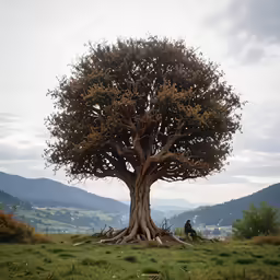 a person sits under an enormous tree in a field
