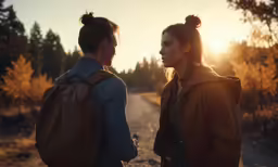 two young women stand on the side of a road in a wooded area at sunset