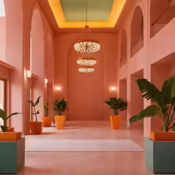 an elegantly decorated lobby with pink walls and columns