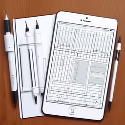 two pens and a tablet are displayed with three ink screens,an iphone sitting on top of a notebook with writing instruments,two markers, a pencil, and an ipad with pens on top,three pens are laying on top of a tablet,four markers, an iphone and two pens on a wooden table