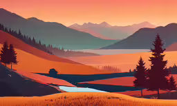 a painting of a view of the valley and mountains,a painting with hills and trees surrounding it