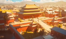 a 3d model of a chinese city in the middle of a clear blue sky