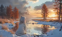a white dog sitting on top of a snow covered field