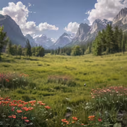 the sky is a blue with clouds and the green grass has flowers in it