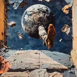 a child is reaching out to the edge of a broken wall