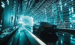 a dark and reflective car in a tunnel