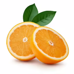 two halves of an orange with leaves