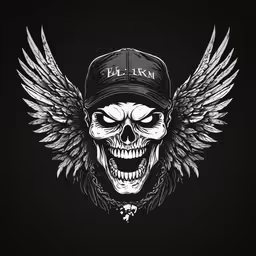 a skull with wings and a hat on