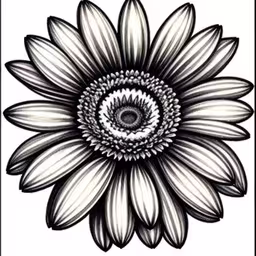 a flower drawing, black and white,an image of a white sunflower that looks like a black and white flower,a black and white drawing of a sunflower,the back side of a large white flower with a black center,an illustrated black and white image of a sunflower