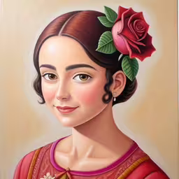 a painting of a woman with flower in her hair,a painting of a woman with a rose on her head