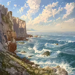 this is a painting of the ocean on a cliff,some rocks water and clouds and one has a white bird