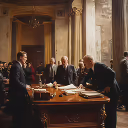there are many men standing around a big wooden table