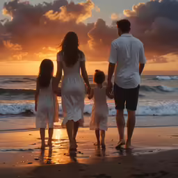 a family walking on the beach during sunset