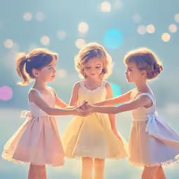 three young girls are holding hands over a string