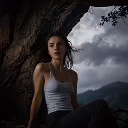 a woman sits under a tree wearing a tank top