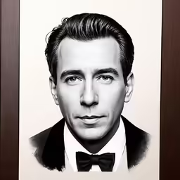the black and white photo shows a man wearing a suit with a bow tie