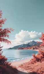 a wide beach with a mountain in the background