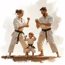 three people in karate uniforms practicing karate moves