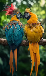 two macaws stand next to each other on a branch