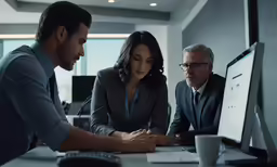 three business men looking at an electronic monitor