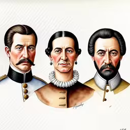 an illustrated painting of three people with mustaches,four men in uniforms are shown in this drawing