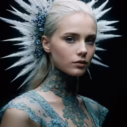 a woman with white hair has long spikes in her head