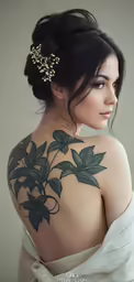 a woman with tattoos is looking back with her hand in her pocket
