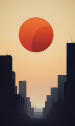 two circles are shown above a city skyline