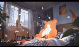 a fire show inside of a bedroom next to a window