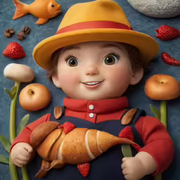 a toy figure is holding an apple and bread