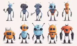 multiple images of robots standing together and looking