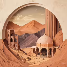 an artistic view of desert ruins from a window