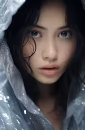 a girl with blue eyes and a gray hood on,a young woman with long black hair and blue eyes looks intently at the camera