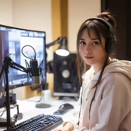 a girl with headphones on recording a video