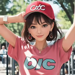 the woman is posing for a photo with her hands up and her hat on
