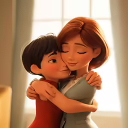 two cartoon characters are hugging together on a table