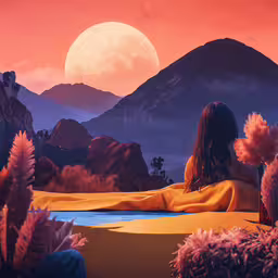 the artwork is inspired by nature, with an artistic background,the image is of a woman sitting in front of mountains with a full moon behind her