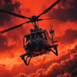 the large helicopter is flying into the sunset