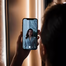 the woman is taking a selfie while wearing a suit